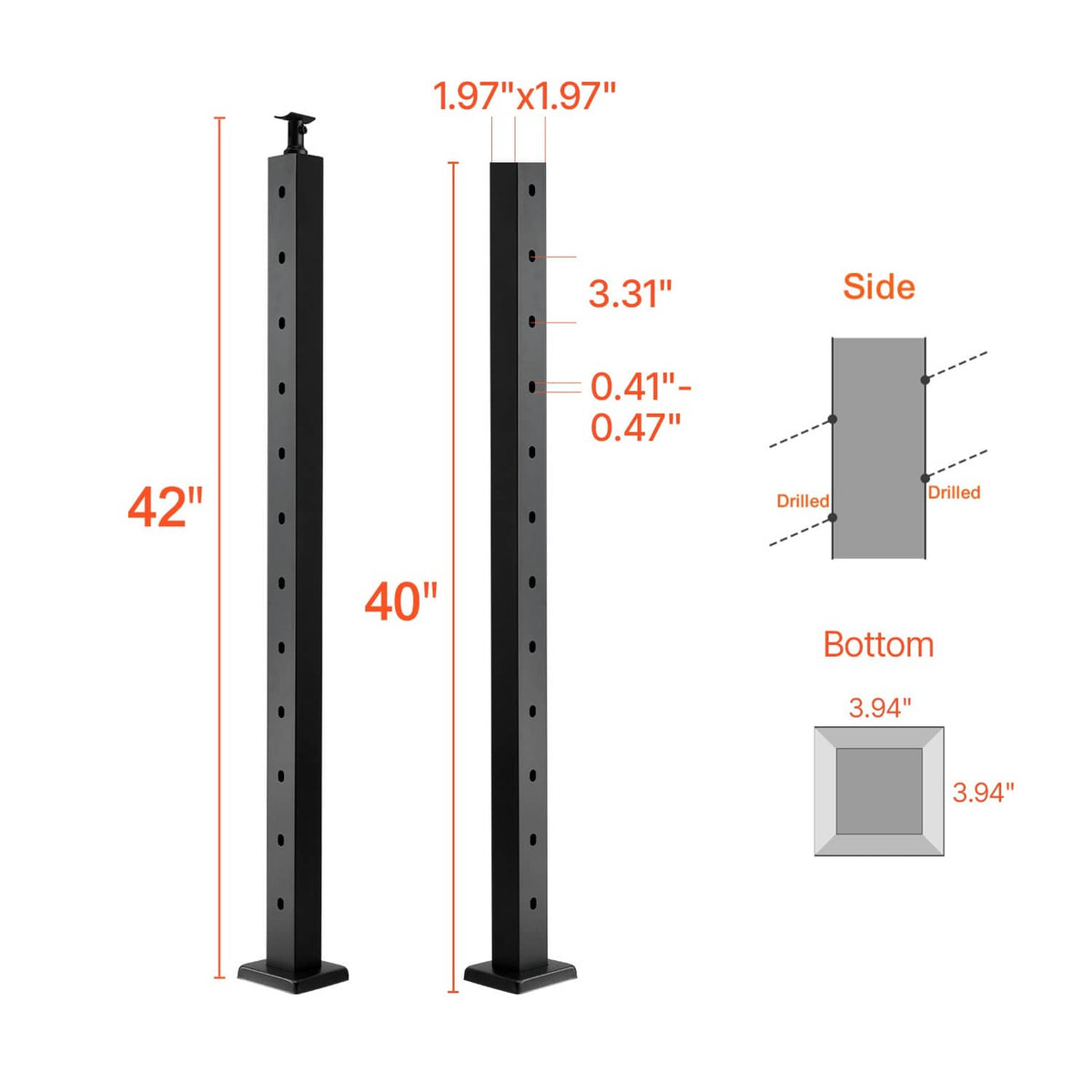 Black cable railing post with 1.97 in cross section and 42 in height