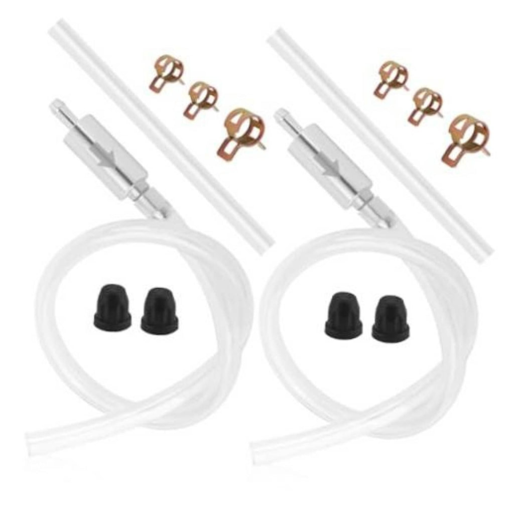 Brake bleeder check valve kit with two clear hoses, black end caps, copper clamps