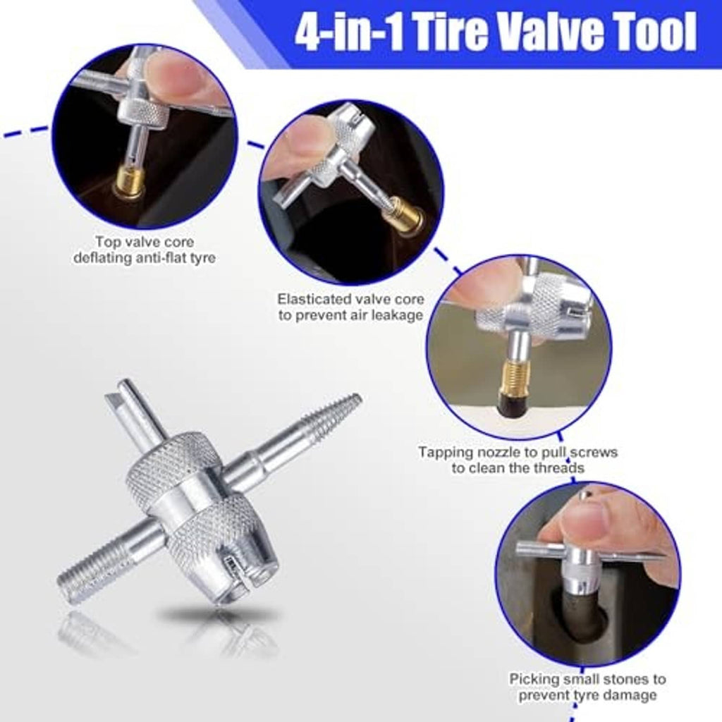 4-in-1 tire valve tool with red handle and silver core puller and push rod