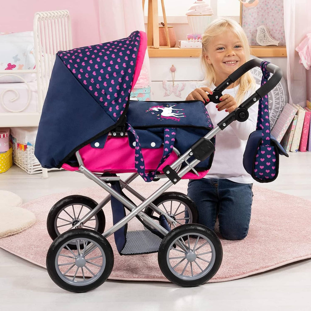 Navy and pink doll stroller with heart print canopy and front wheels on a carpet