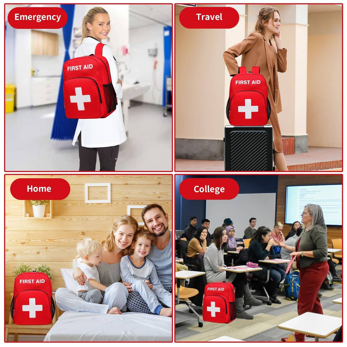Red first aid backpack with white cross logo worn for emergency travel and home use