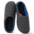 Pair of dark grey knit men’s slippers with blue edge trim and black footbed