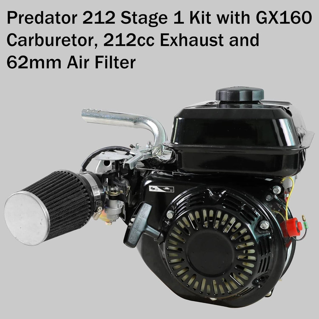 Small engine kit with black air filter housing, carburetor, and chrome exhaust pipe
