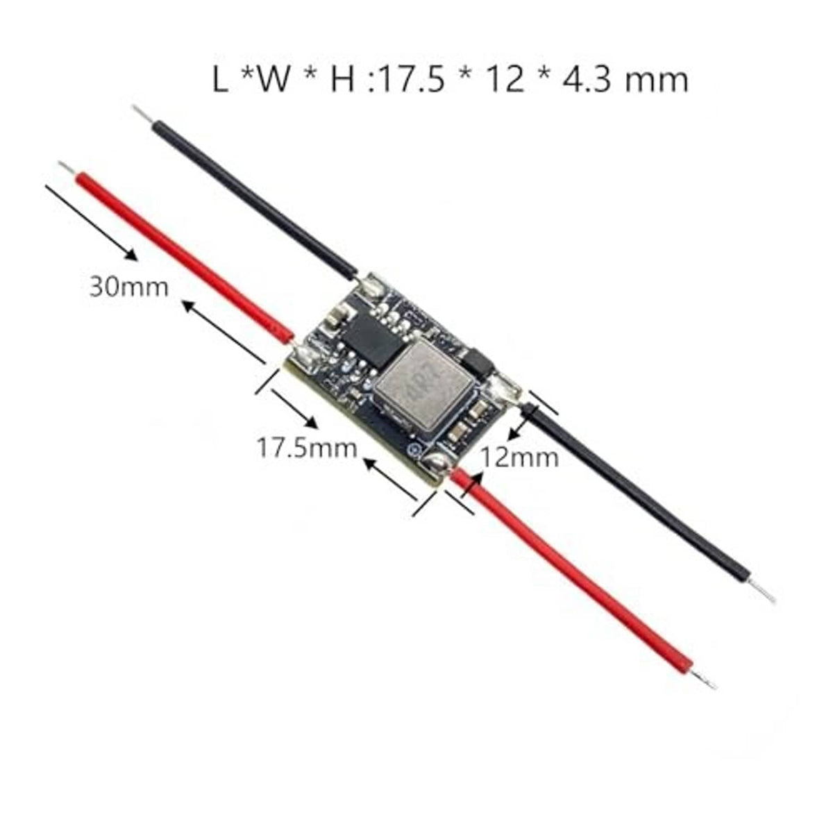3.3V buck converter module with red/black wires and size measurements, small PCB