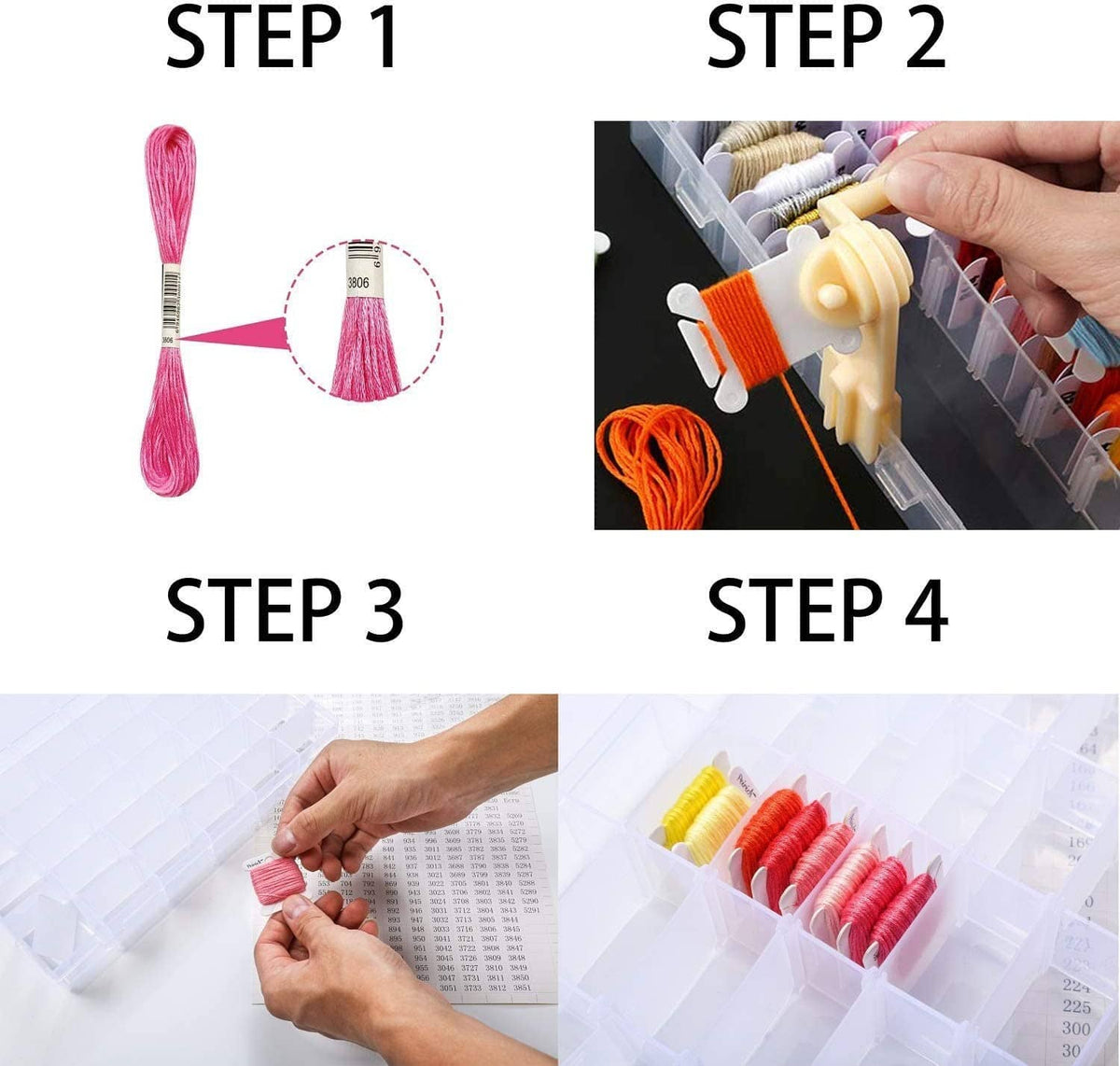 Embroidery floss organizer with white clips holding multiple floss colors on a grid