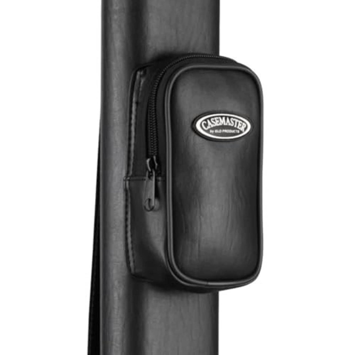 Black hard billiard cue case side pouch with logo patch and zipper