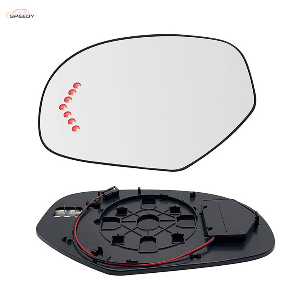 Heated mirror glass with red turn-signal LED dots and underside housing (left)
