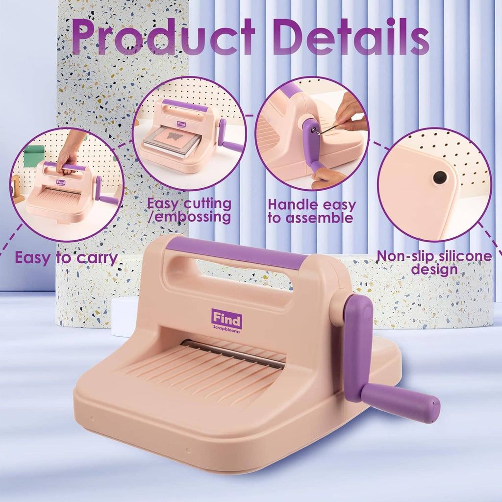 Manual die-cut and embossing machine with purple lever and roller window