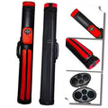 Hard cue case with red accents, side strap detail, and oval opening for cues