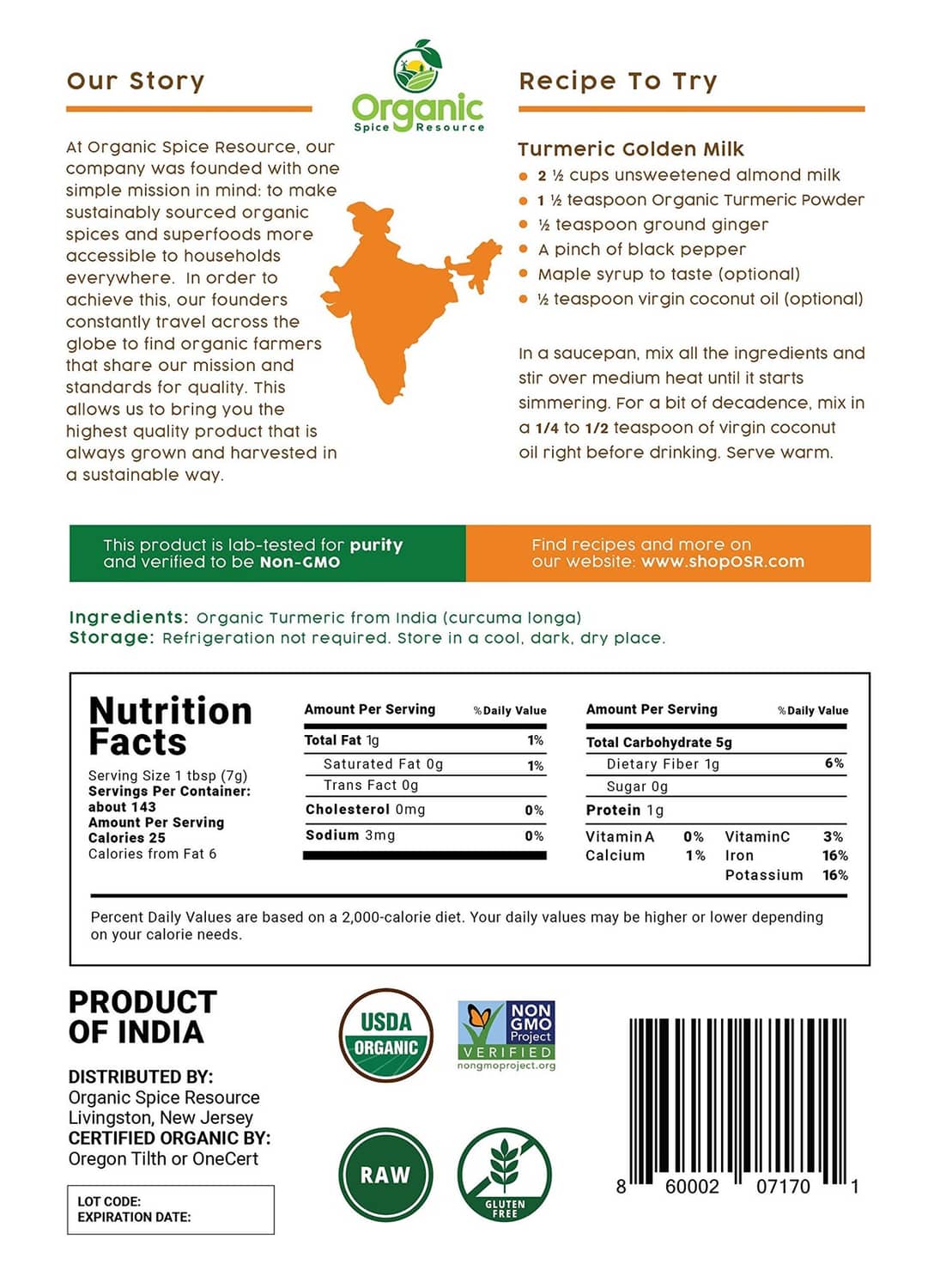 Nutrition facts and product information label for organic turmeric powder