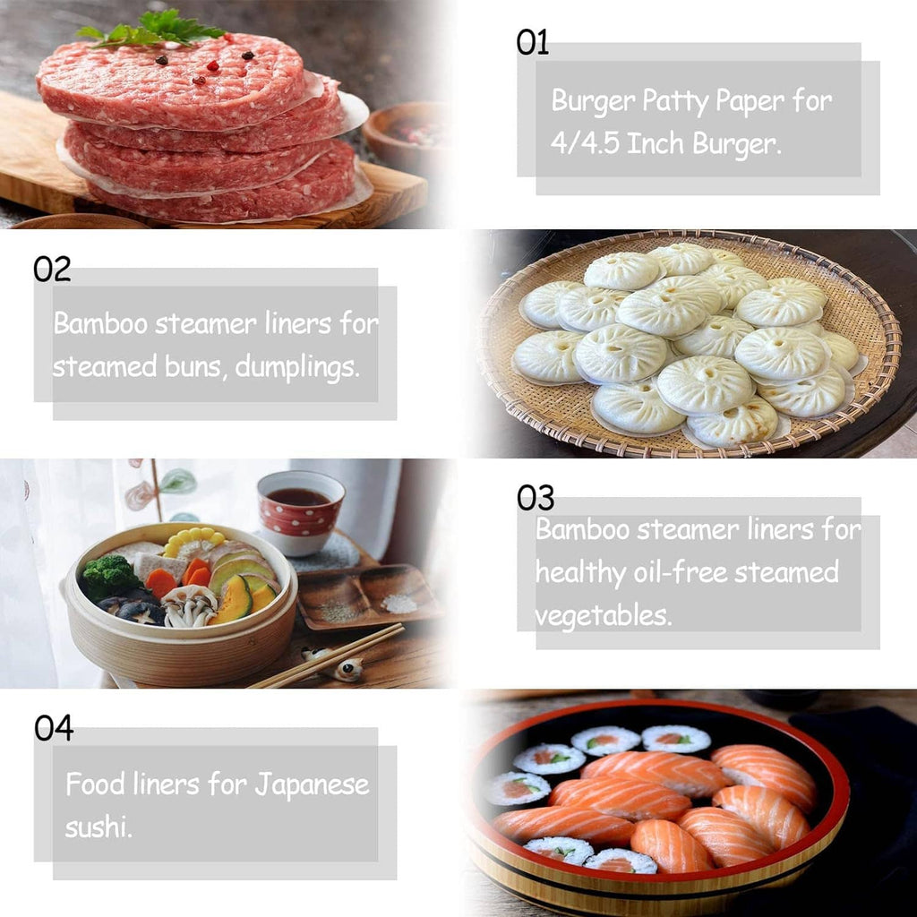Bamboo steamer liners in use with burgers, steamed buns, vegetables, and sushi