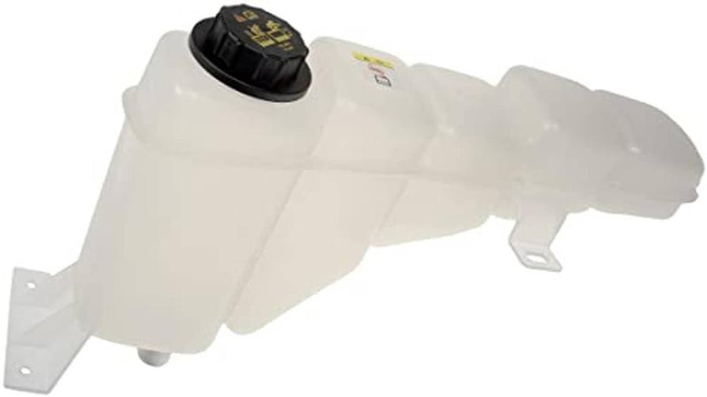 White coolant reservoir with black cap, outlet, and mounting bracket