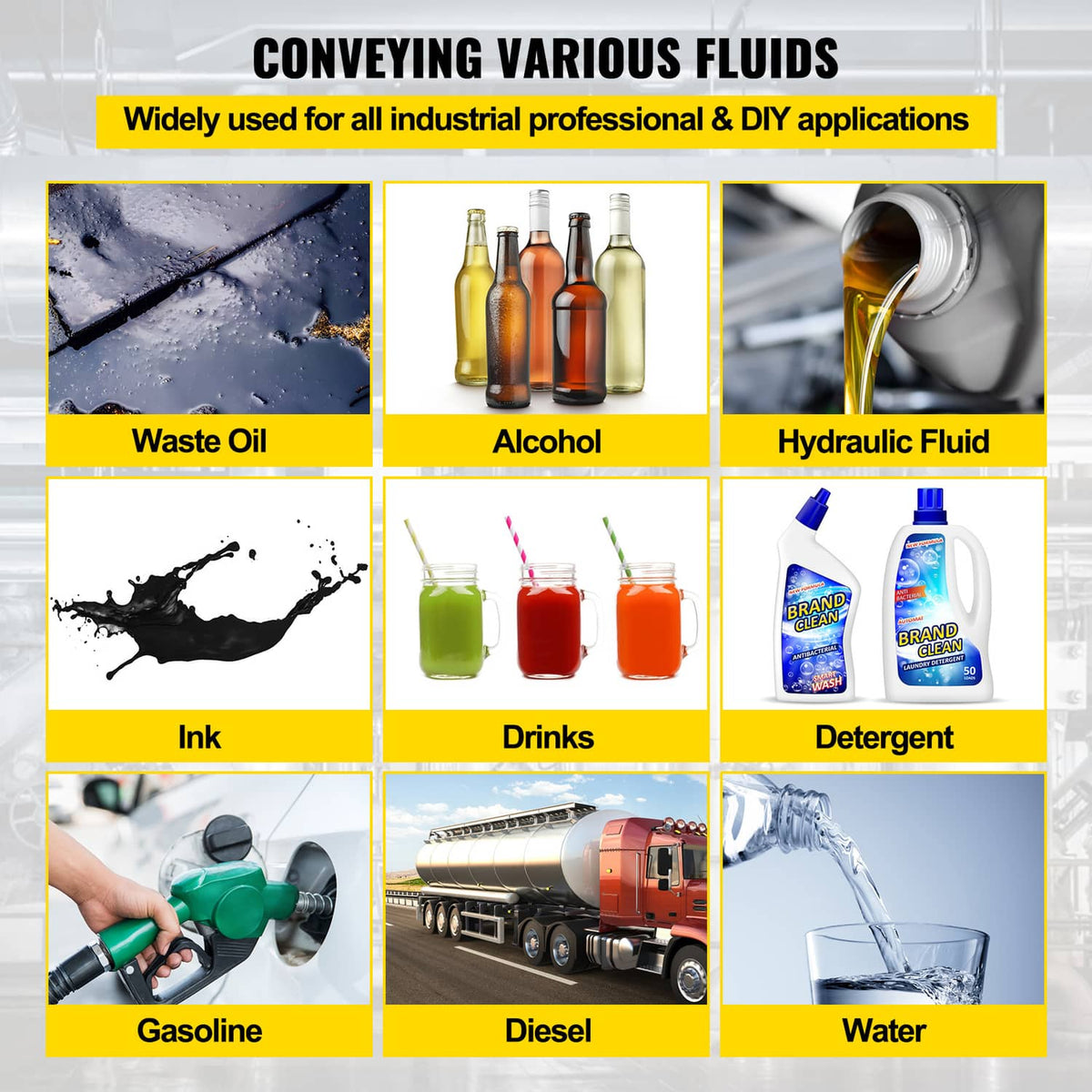 Fluid-compatibility infographic for the double diaphragm pump, showing multiple liquid examples
