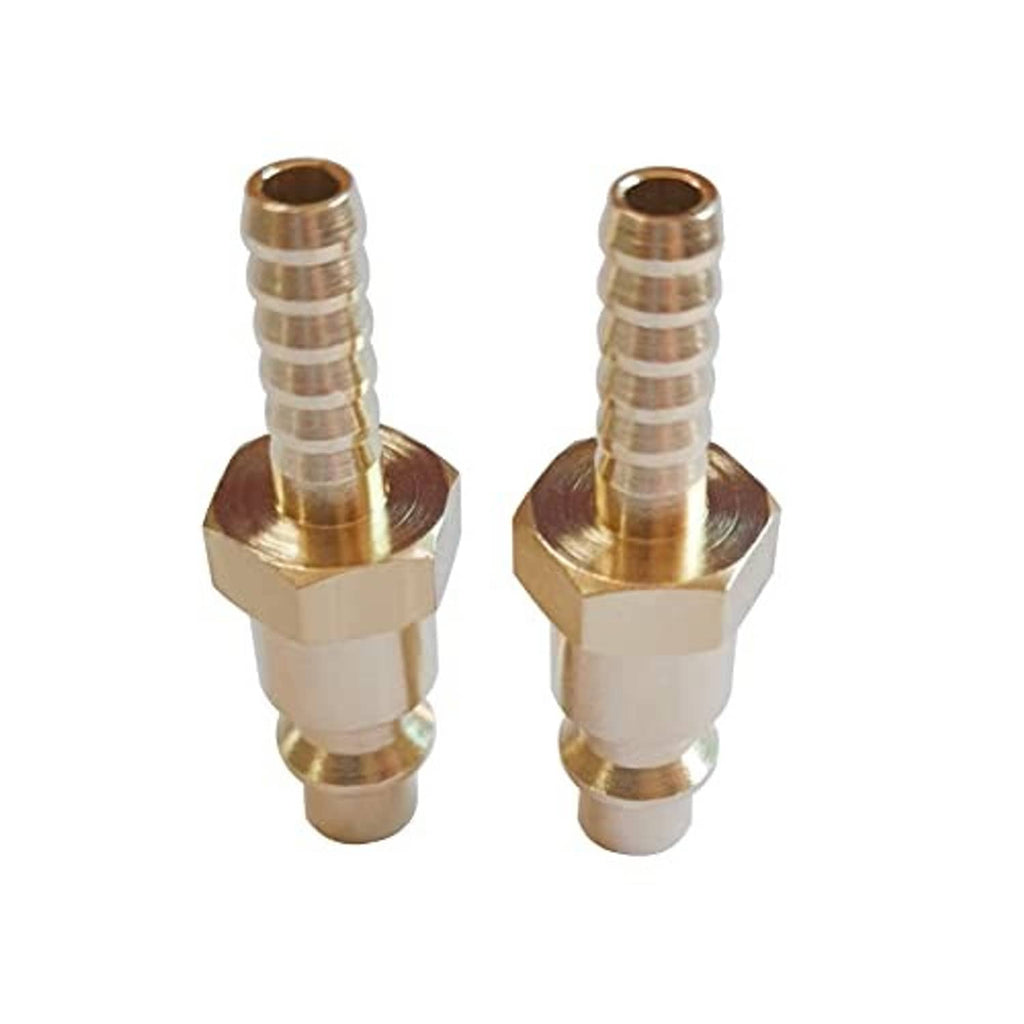 Pair of solid brass 1/4 in air hose barb plug fittings with hex body and barbed ends