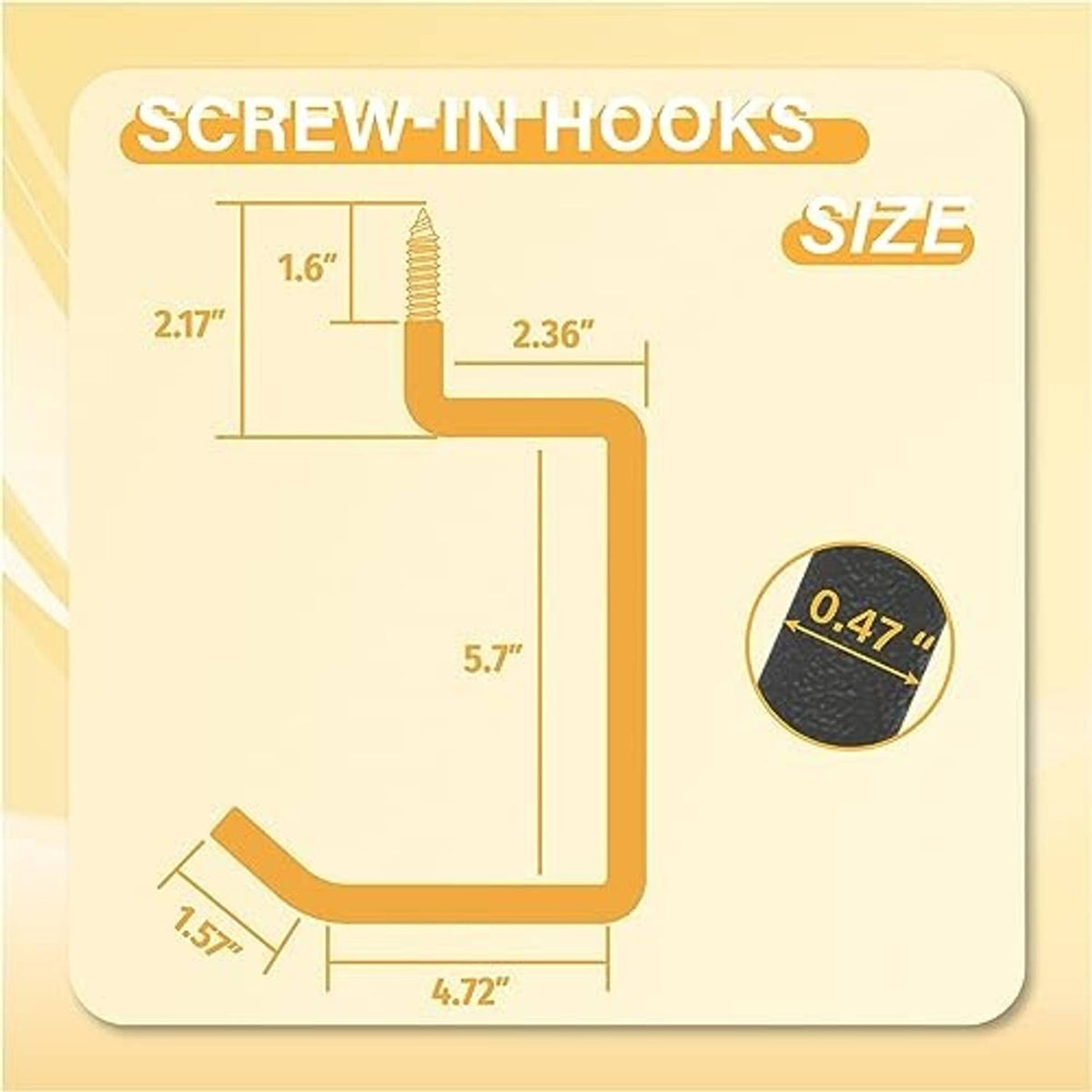 Black screw-in hook size diagram with labeled measurements and mounting screw