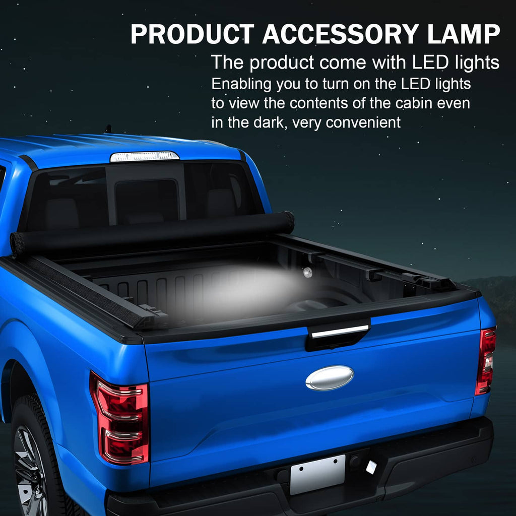 Soft roll-up truck bed tonneau cover with built-in LED accessory light
