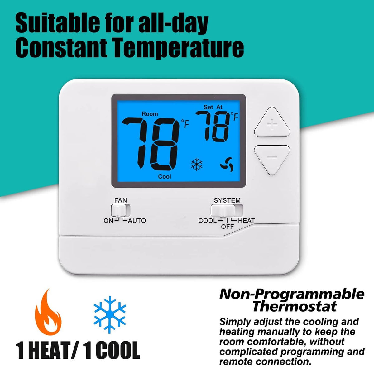 White non-programmable thermostat with blue backlit screen, fan and system controls