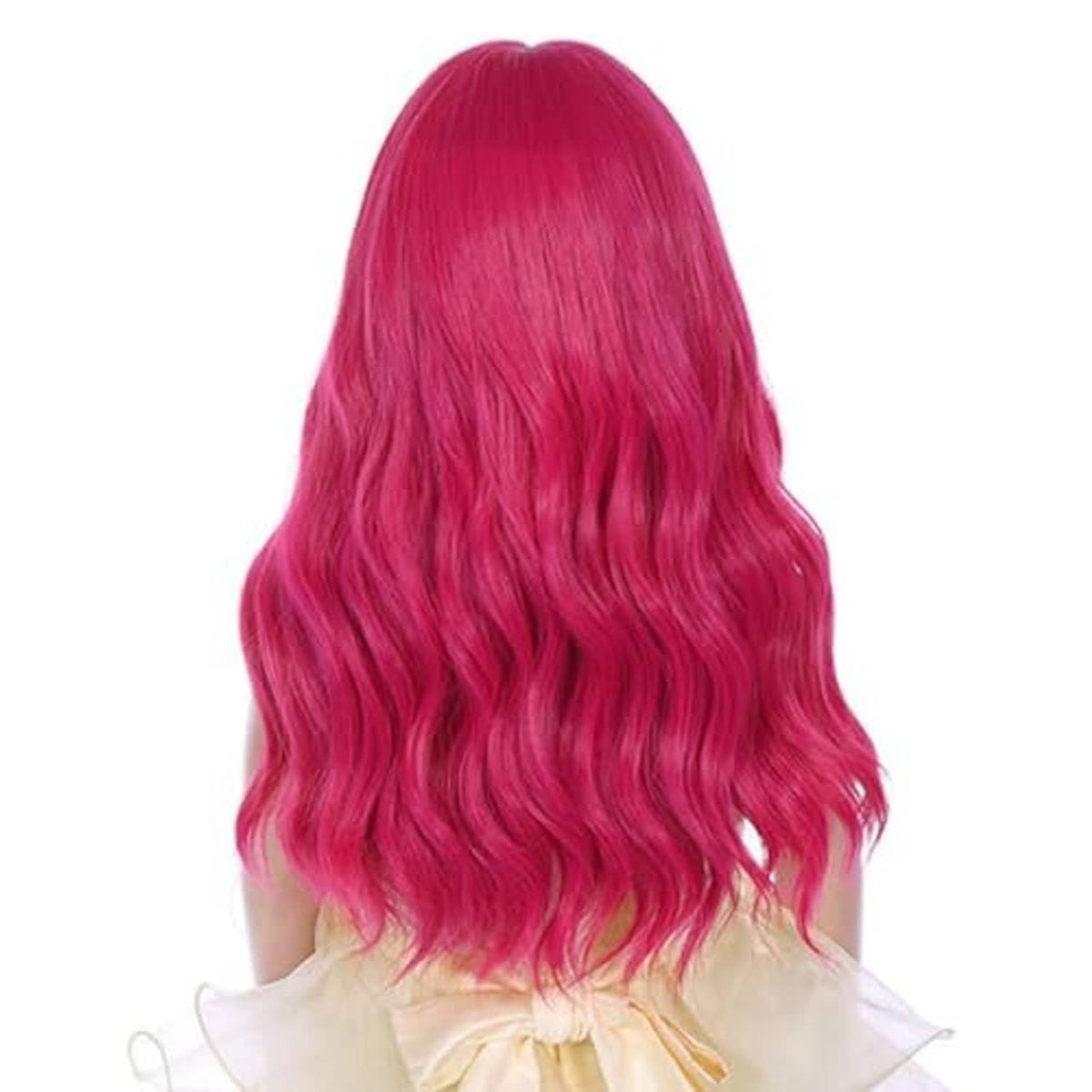 Kids long wavy curly wig with bangs, hot pink fuchsia hair