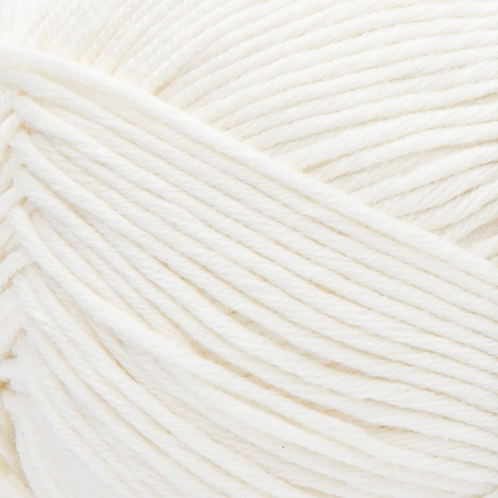 Close-up of off-white cotton-acrylic yarn strands, light weight soft texture