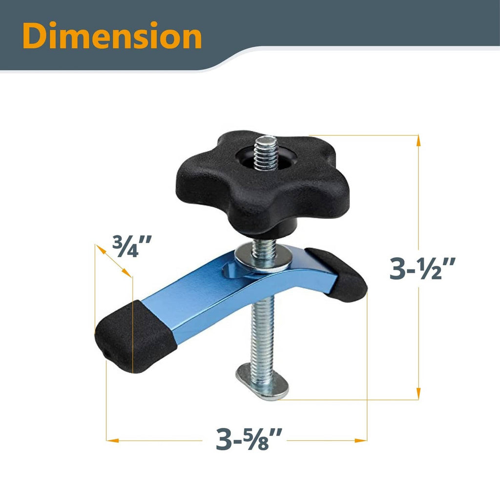 Blue T-track mini hold-down clamp with 3-5/8 in length and 3-1/2 in height