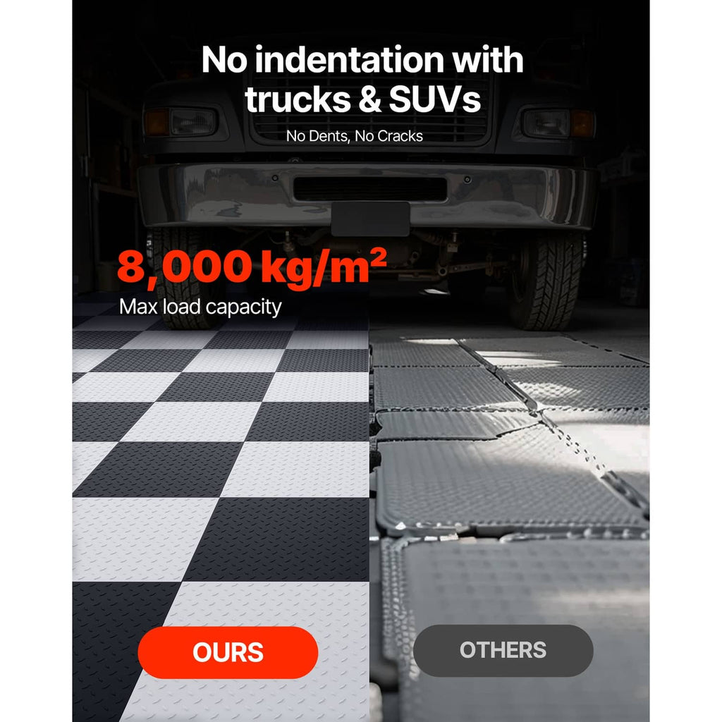 Gray PVC interlocking tiles with snap seams for heavy load support under vehicles