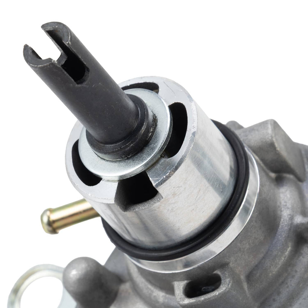 Water pump assembly close-up of round seal and black rubber shaft boot