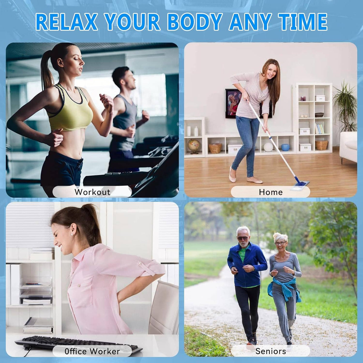 Handheld electric massage gun shown for workout, home, office, and senior mobility uses