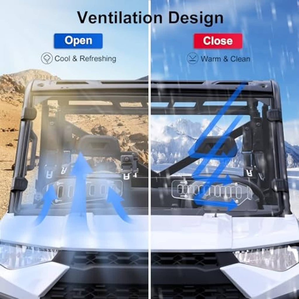 Vented windshield with adjustable vent shown open and closed over the UTV cab.