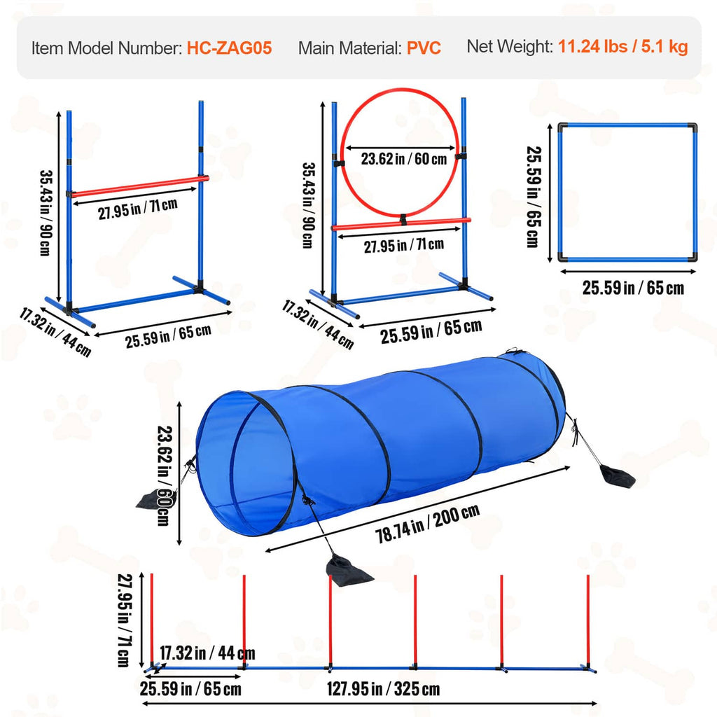 Dog agility obstacle set with measured jump frames and 2 m blue tunnel
