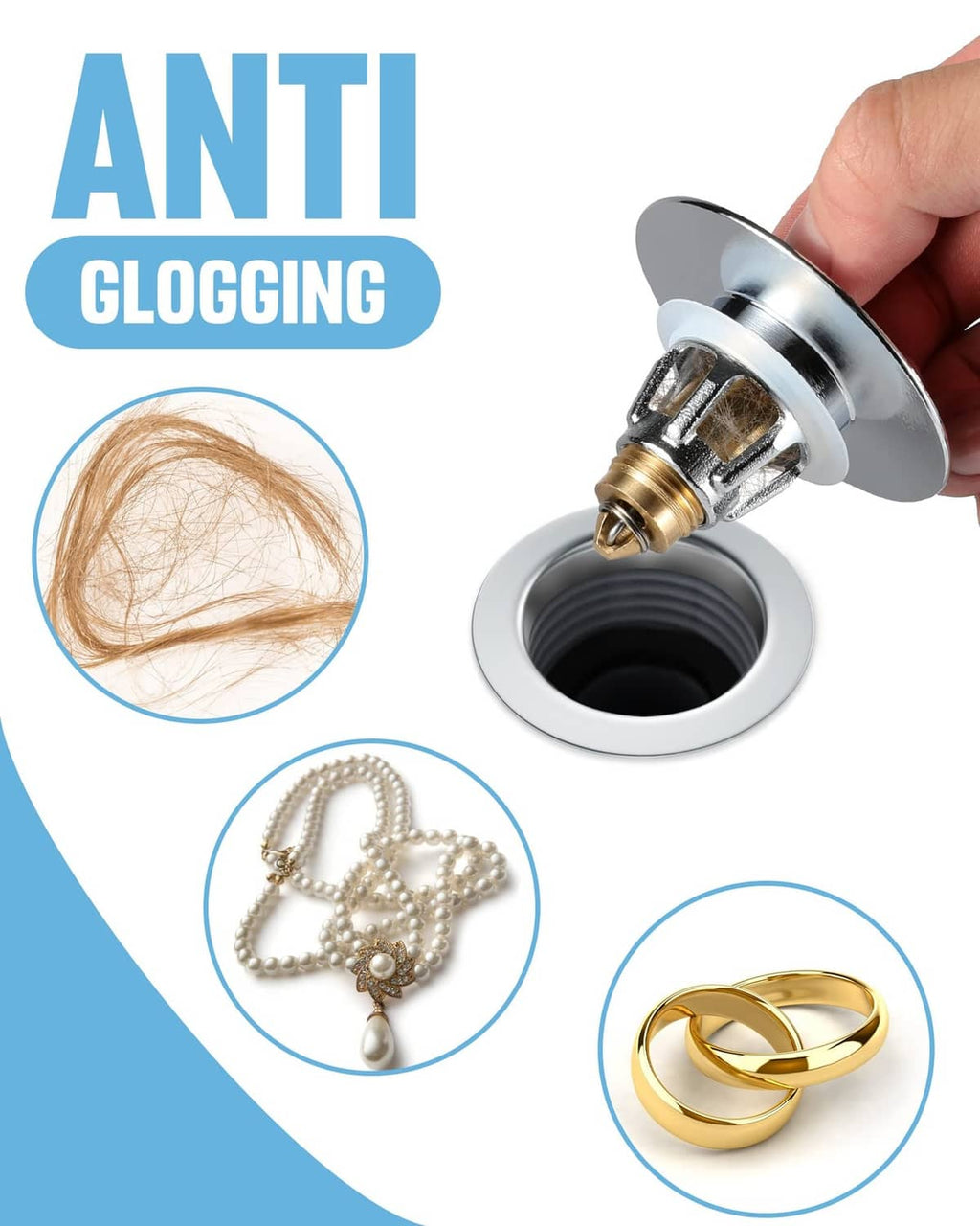 Chrome drain stopper with anti-clog strainer basket, brass core and cover