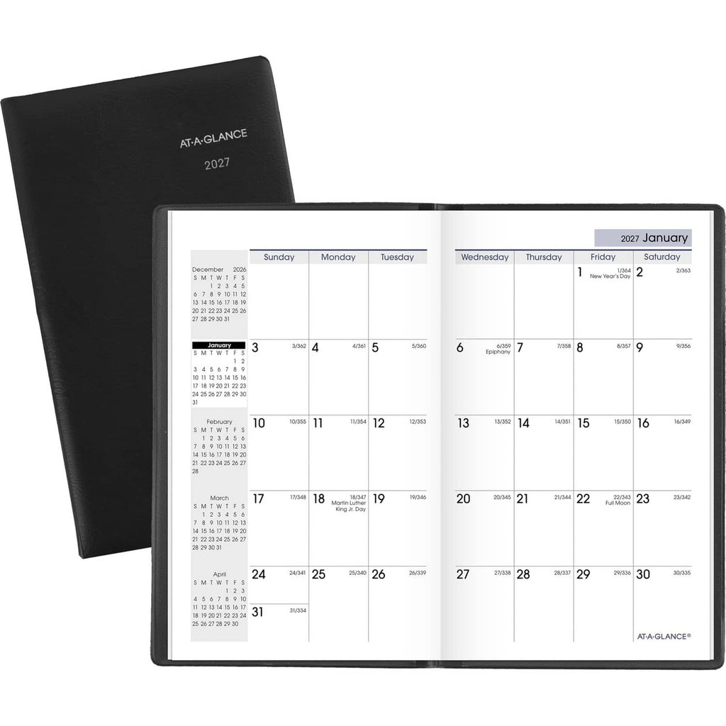 AT-A-GLANCE 2027 planner with black cover behind an open January monthly spread