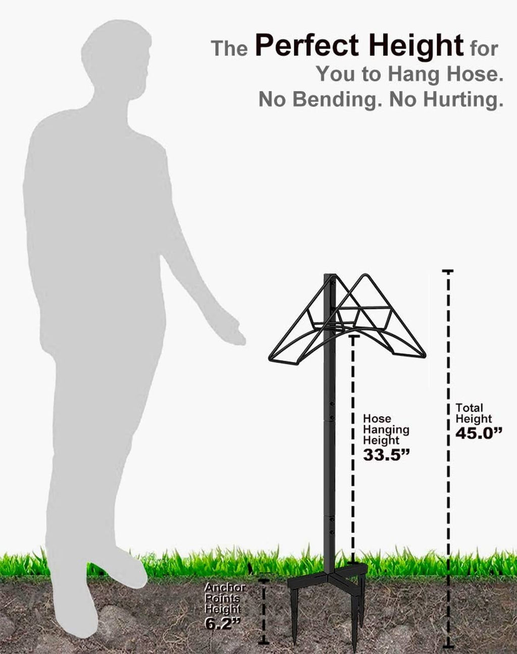 Black hose holder stand with tall frame and two-prong feet for ground mounting