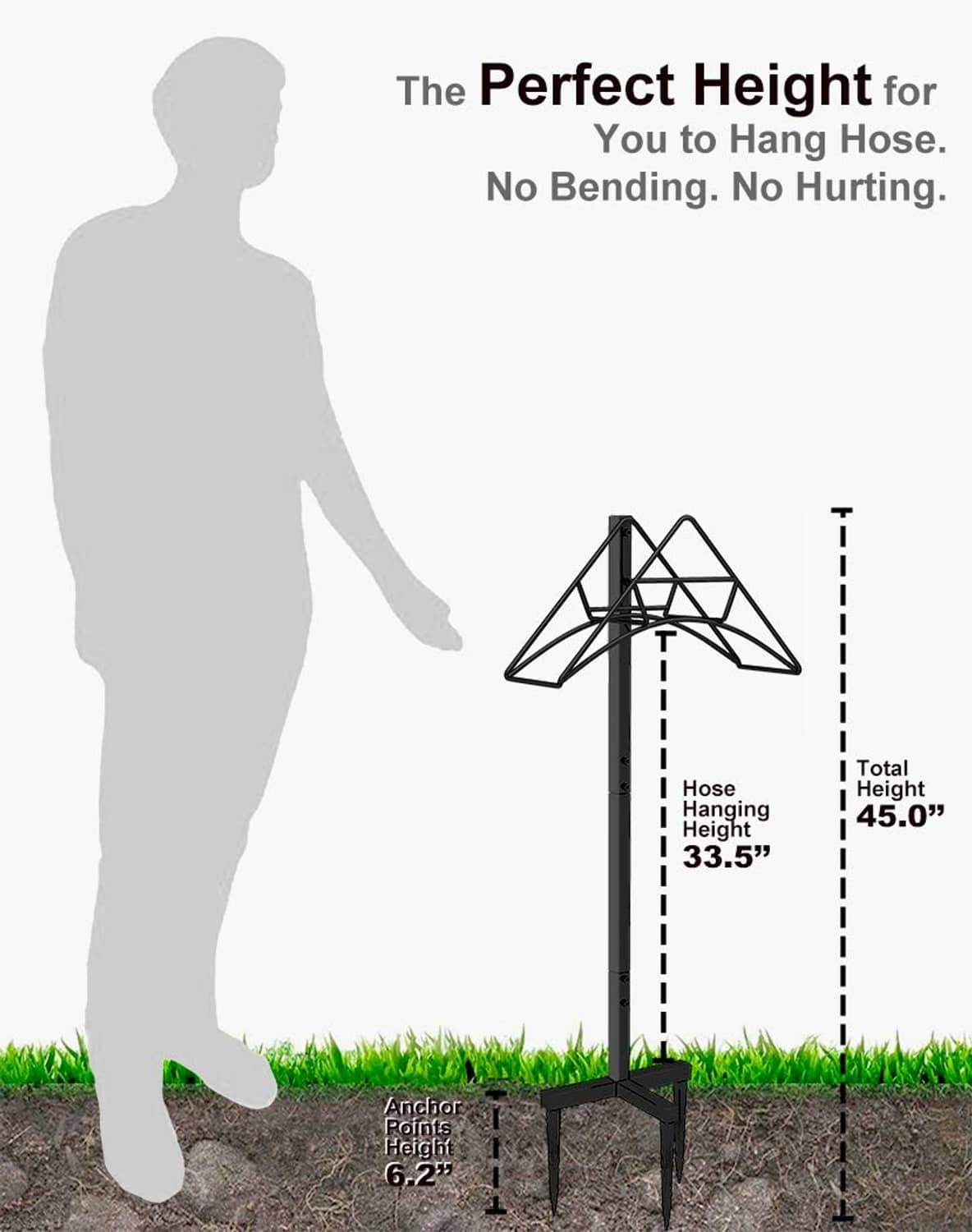 Black hose holder stand with tall frame and two-prong feet for ground mounting