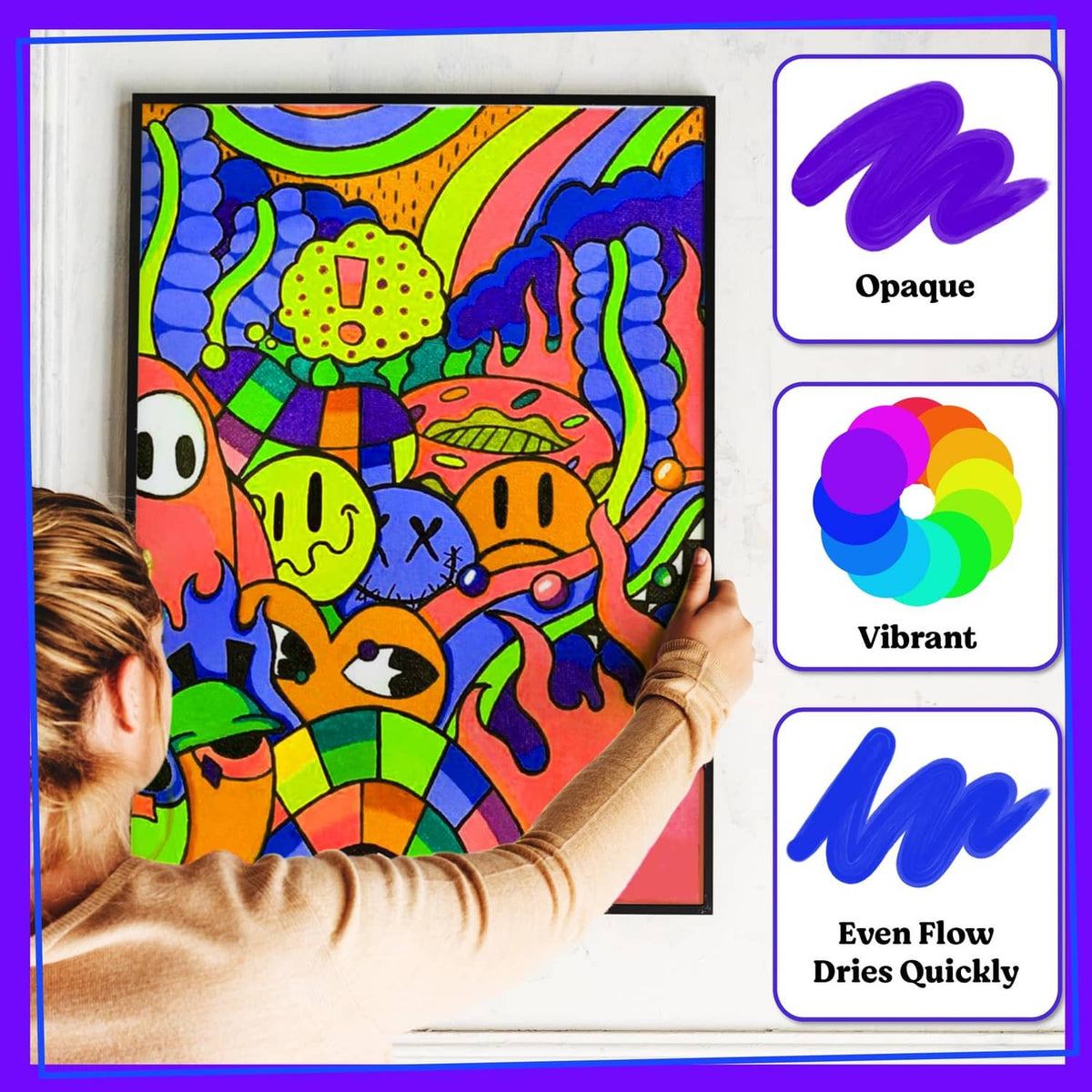 Colorful framed artwork being drawn with a dual-tip oil paint marker.