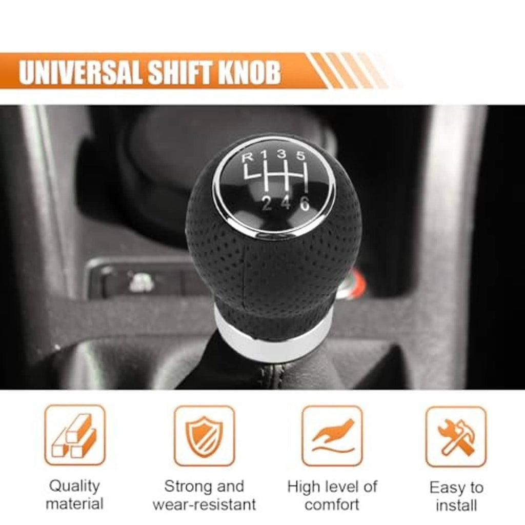 Installed black round 6-speed shift knob with chrome ring and white base in car interior