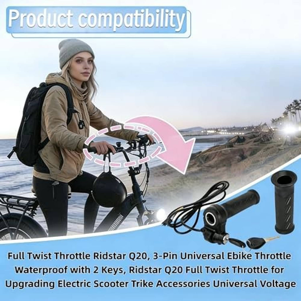 Black twist throttle grip with wiring harness and two keys for ebike use.