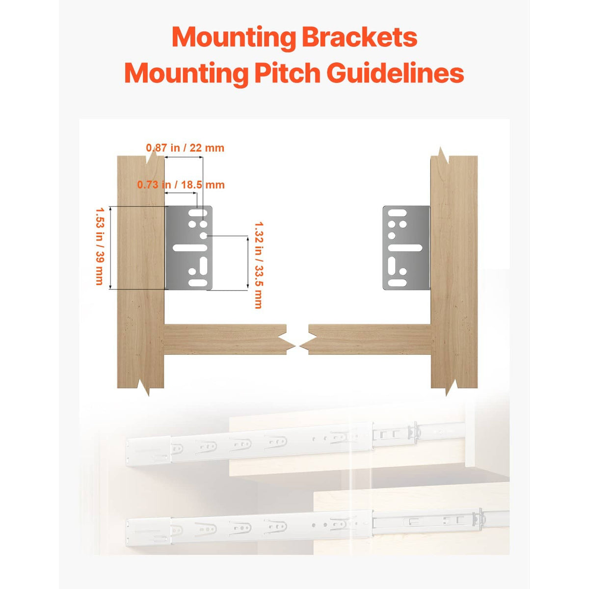 Drawer slide mounting pitch guideline diagram for side-mount bracket placement