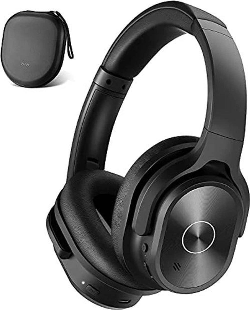 Black over-ear headphones with round earcups and control button on right side