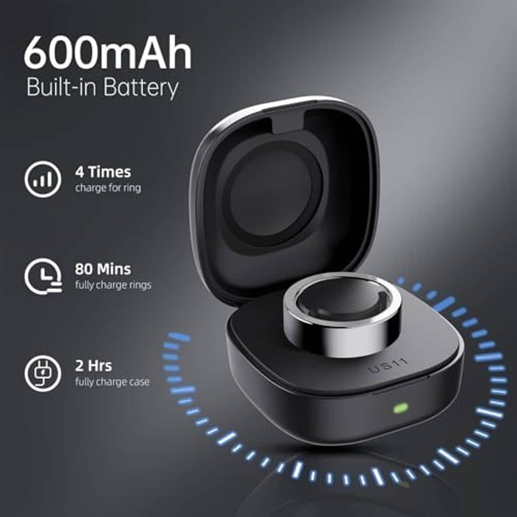 Black wireless ring charger base with open case and circular metallic ring charging pad