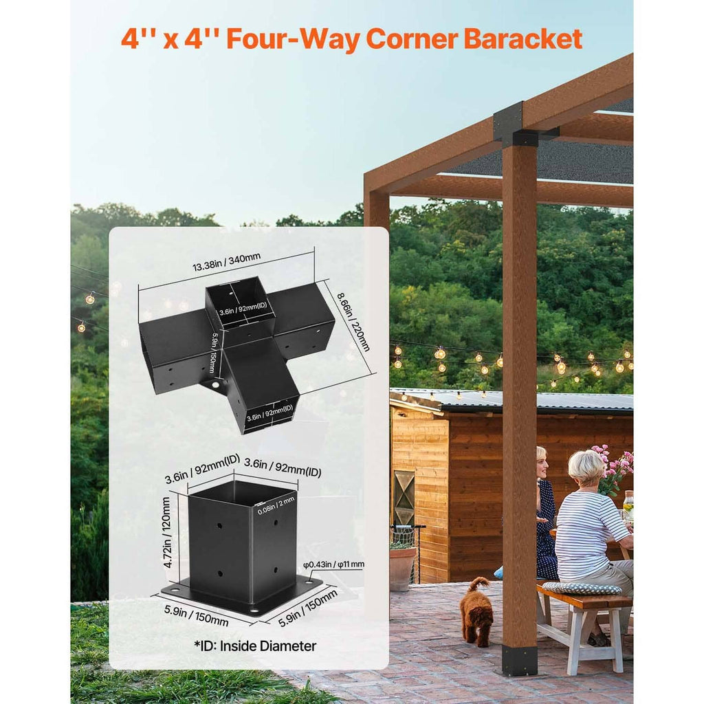Black four-way corner bracket kit diagram showing connector and post base dimensions