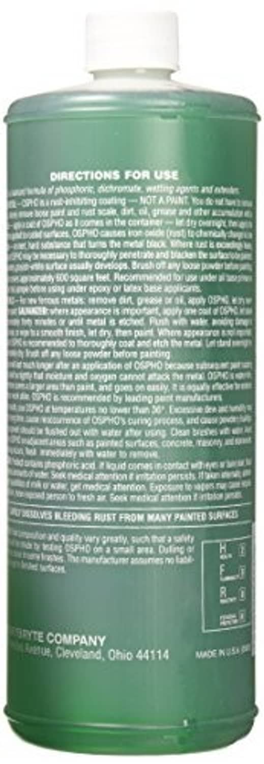 Green OSPHO metal treatment bottle with directions panel on the back label