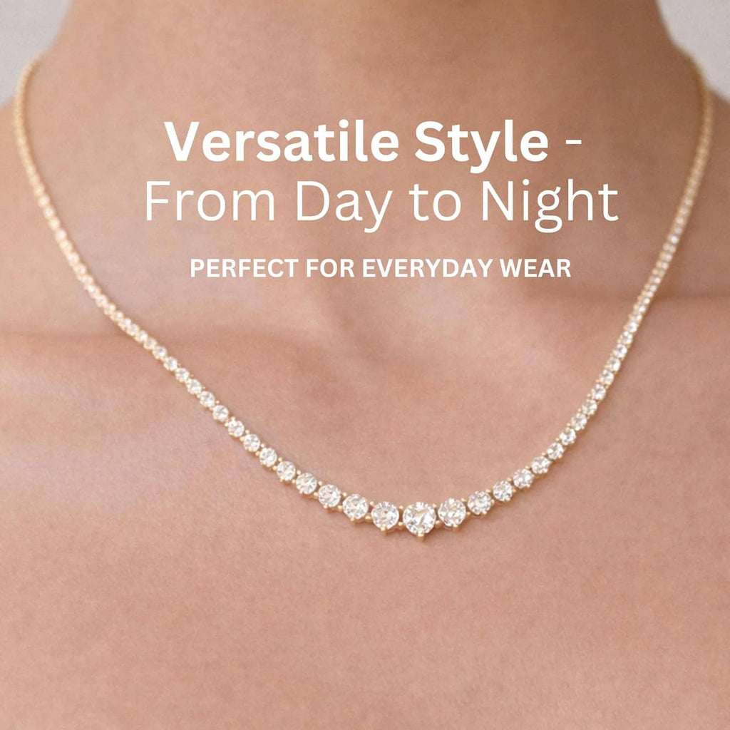 Gold-plated tennis necklace with white CZ stones along the curve of the neckline