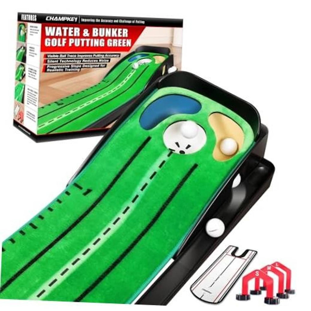 Green golf putting practice mat with black sides, target holes, and accessory pieces