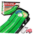 Green golf putting practice mat with black sides, target holes, and accessory pieces