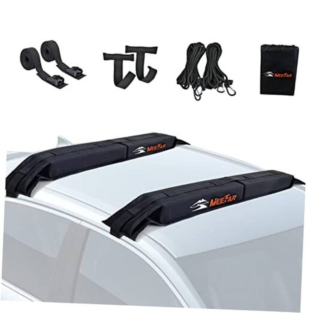 Set of black soft car roof rack pads with tie-down straps and small hardware clips