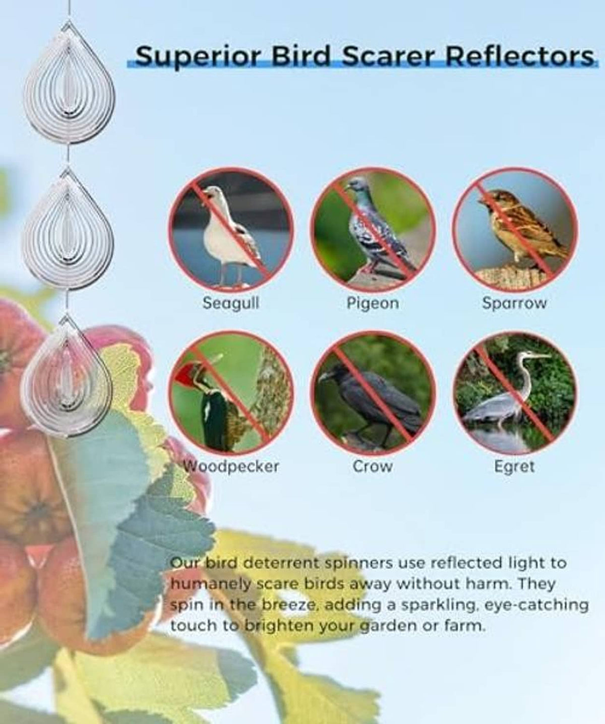 Multiple silver reflective teardrop bird scare discs with spiral, water-droplet design