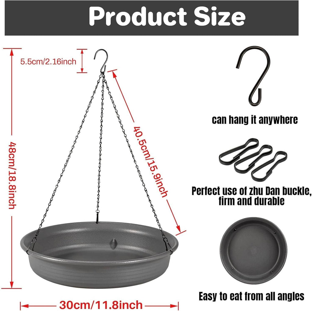 Dark grey hanging bird bath feeder tray with hanging chain and hook