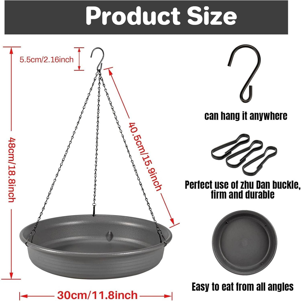 Dark grey hanging bird bath feeder tray with hanging chain and hook