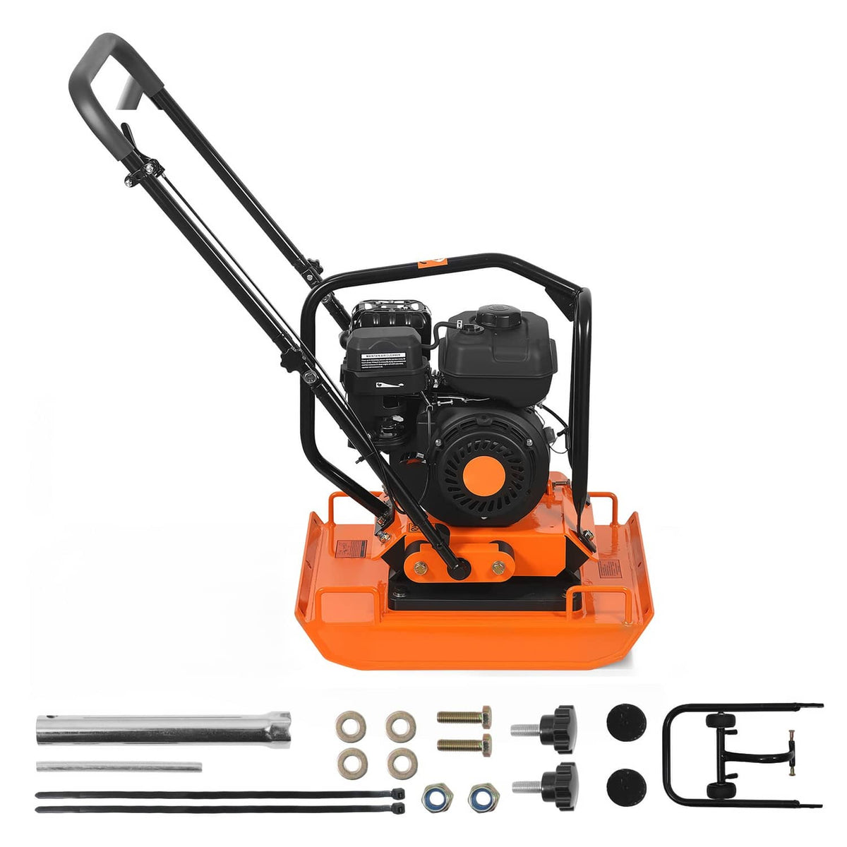 Orange and black plate compactor with engine and separate accessory parts kit