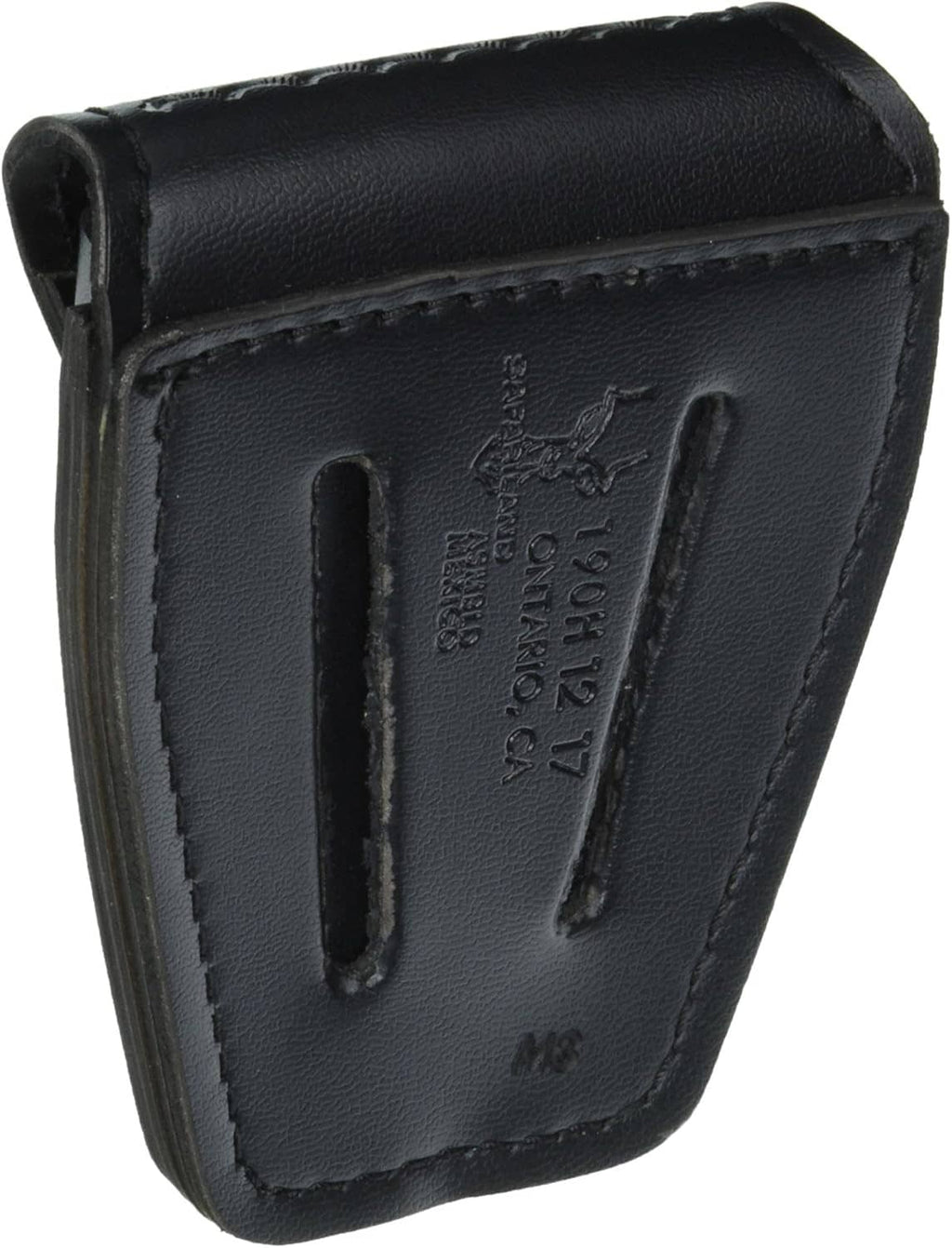 Black leather handcuff case with top flap and two slots on the front panel.